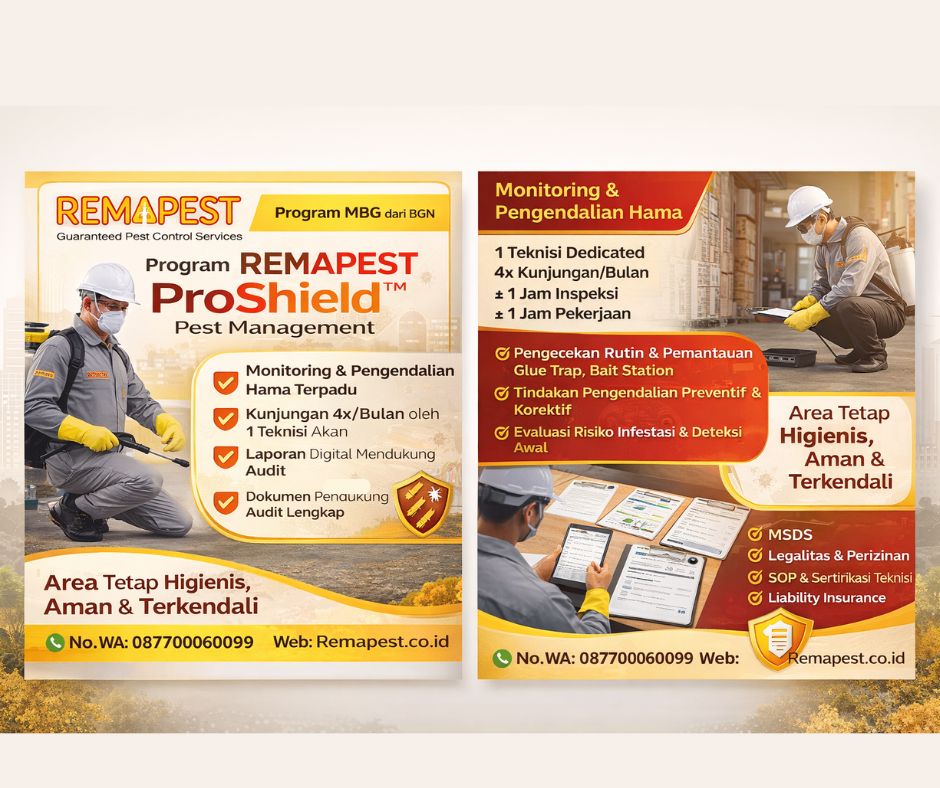 Program "REMAPEST ProShield™ Pest Management" merupakan layanan pengendalian hama terpadu dengan kunjungan 4x per bulan, ditangani oleh 1 teknisi dedicated (±1 jam/kunjungan pekerjaan + 1 jam kunjungan service inspection) untuk memastikan area tetap higienis, aman, dan terkendali. Layanan mencakup monitoring rutin, tindakan pengendalian preventif & korektif, serta laporan digital lengkap yang mendukung kebutuhan audit.